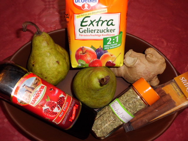 Warenkorb für Birnenmarmelade mit Zimt, Ingwer,Granatapfelsirup und Fenchelsamen