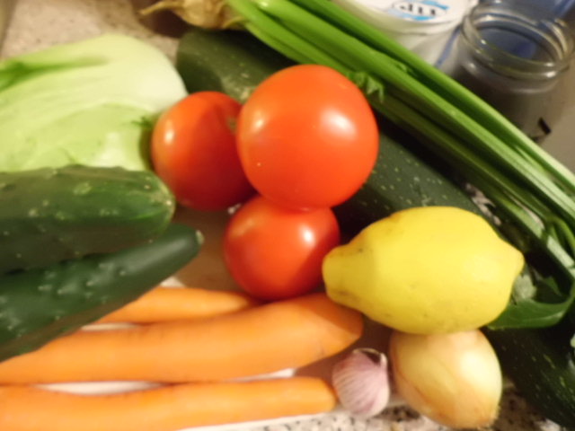 Zutaten für den Schichtsalat: Eisbergsalat,Tomaten,Gurgen,Möhren, Zwiebel,Knoblauch,Sellerieknolle,Selleriegrün,Zitrone