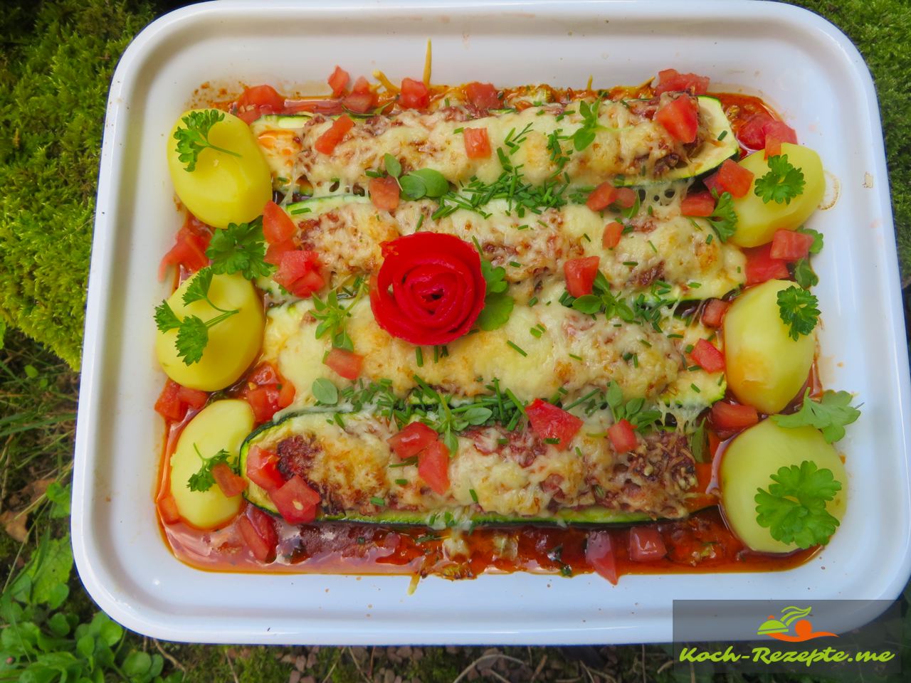 gefüllte Zucchini überbacken Rezept mit französischer Bratwurst.