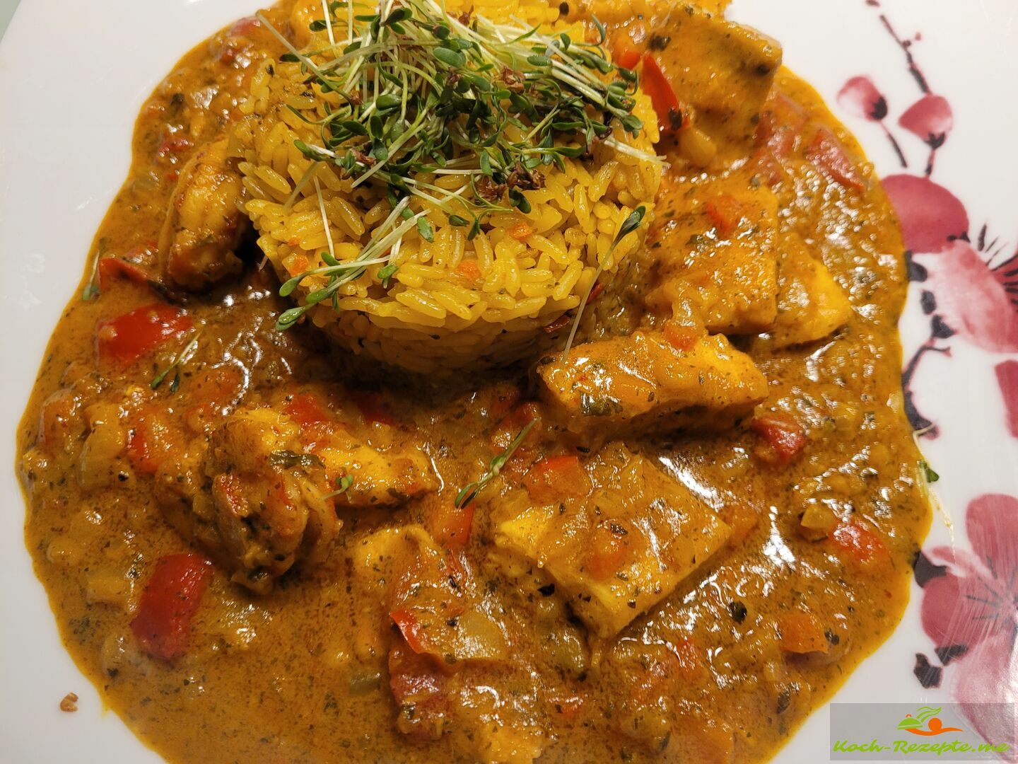 Fischcurry Indischer Art mit Reis und Gemüse.Steinbeißer Fischfilet